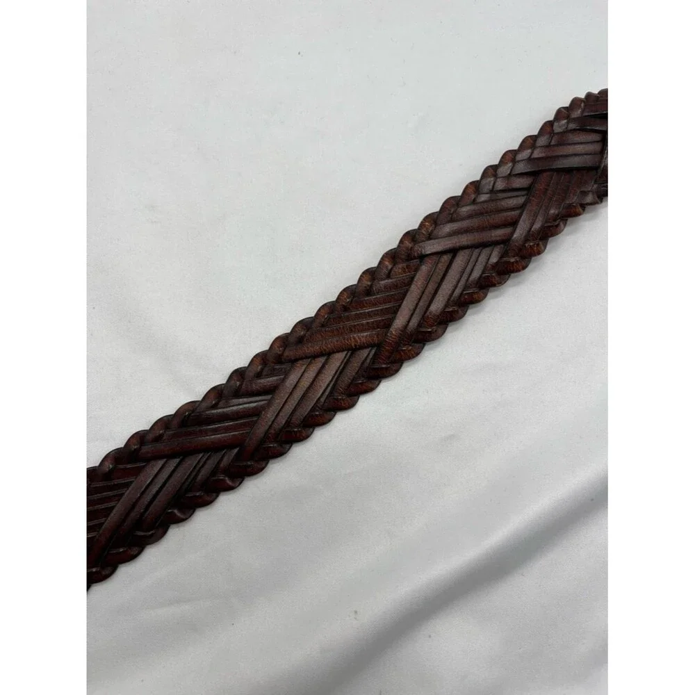 Brown Leather Woven Belt with Circular Metal Buckle